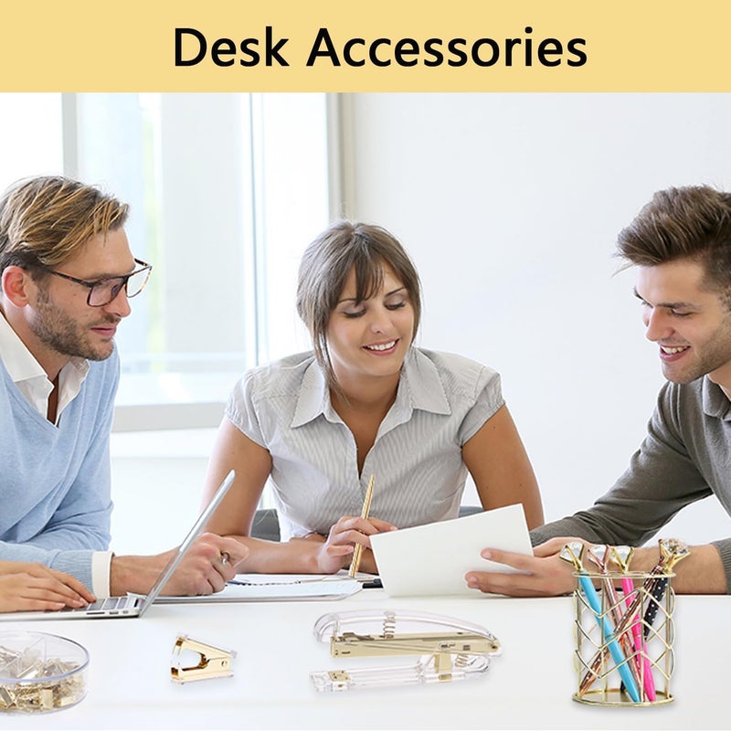 suniya Office Supplies,Desk Accessories,with Stapler,Tape Dispenser,Pen Holder Cup for Desk,Staple Remover,Scissor,Ballpoint Pen,Clear Tape, Staples,Phone Stand,Ruler,Binder,Best Gift Set(Gold) - Image 4